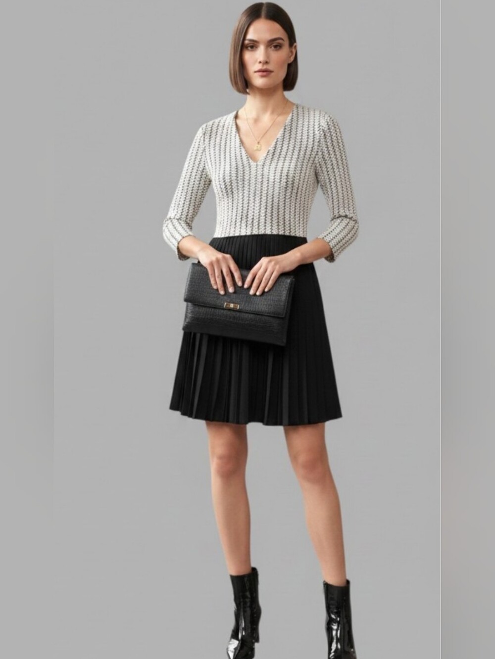 Ganni Anthropologie Dress White Jacquard Jersey V Neck Black Pleated XS